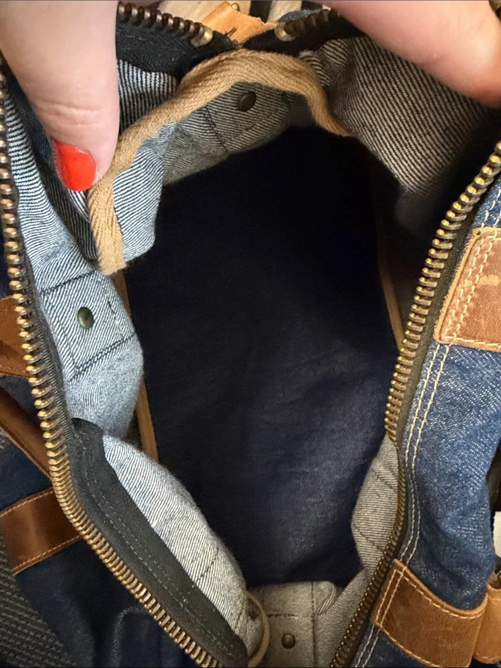 Armani Jeans Blue Denim Duffel with Brown Leather Trim